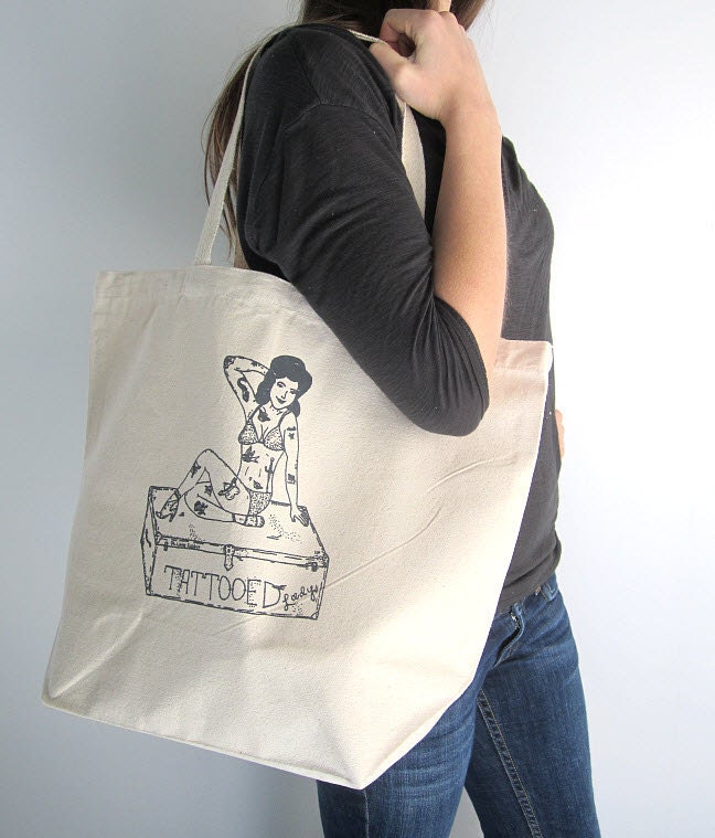 Canvas Tote Bag - Screen Printed Recycled Cotton Canvas Shopper Tote - Reusable and Washable - Eco Friendly - Tattooed Lady - Vintage Circus