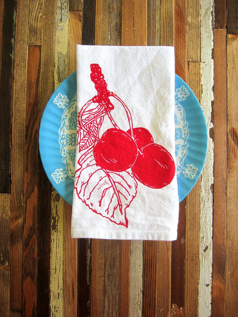 Screen Printed Organic Cotton Cloth Napkins - Eco Friendly Dinner Napkins - Cherry Illustration - Reusable - Summer