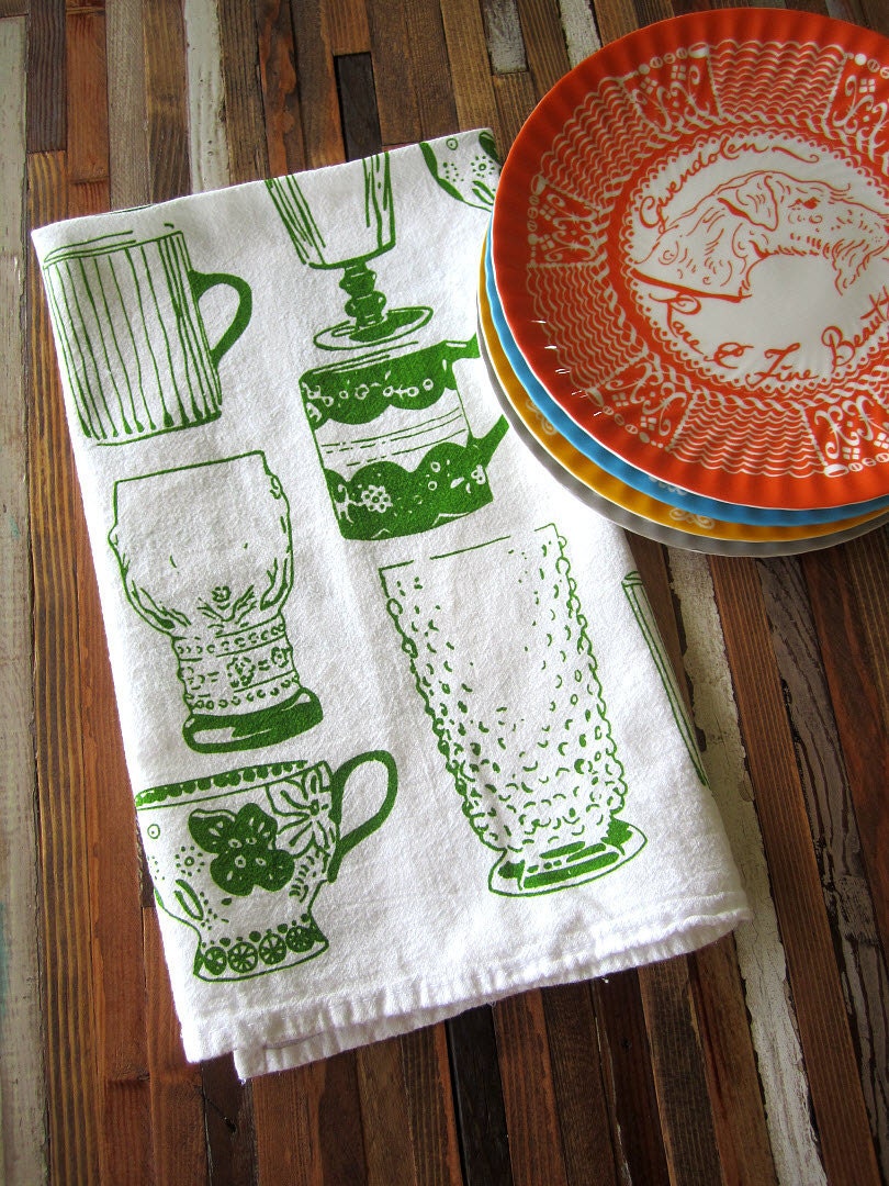 Tea Towel - Screen Printed Organic Cotton Kitchen Flour Sack Towel - Eco Friendly and Awesome dish towel - Vintage Cups