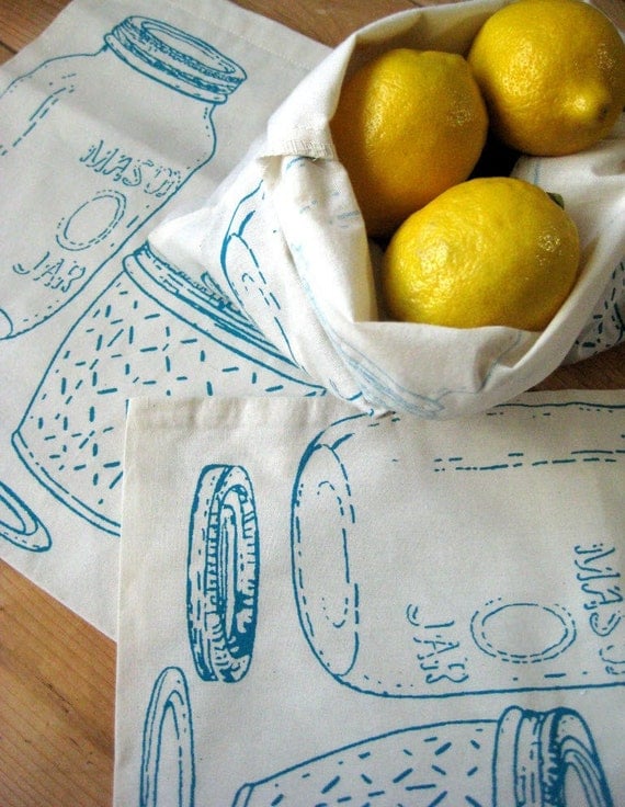 Set of 3 Screen Printed Reusable Organic Cotton Mason Jar Produce Bags
