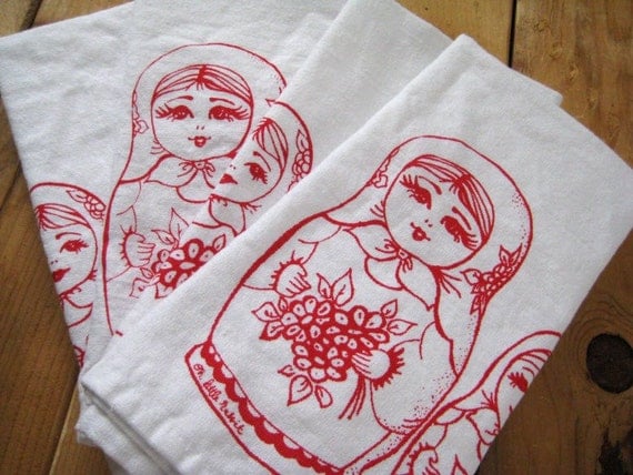 Screen Printed Organic Cotton Cloth Napkins - Eco Friendly Nesting Dolls Dinner Napkins