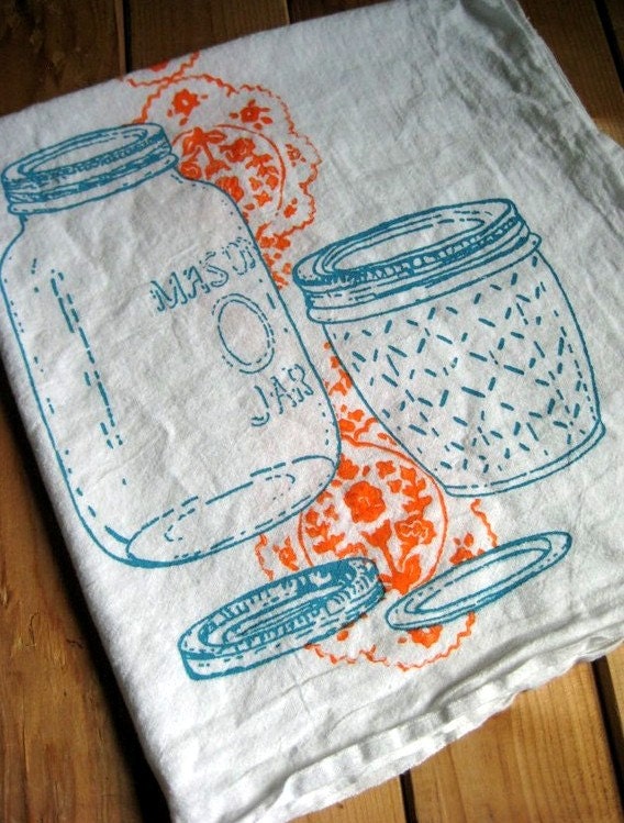 Hand Printed Organic Cotton Mason Jar Flour Sack Towel