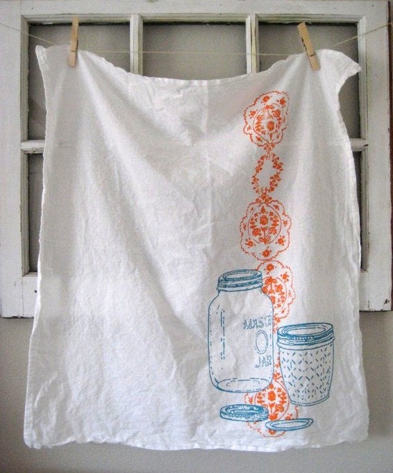 Hand Printed Organic Cotton Mason Jar Flour Sack Towel