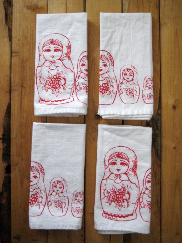 Screen Printed Organic Cotton Cloth Napkins - Eco Friendly Nesting Dolls Dinner Napkins