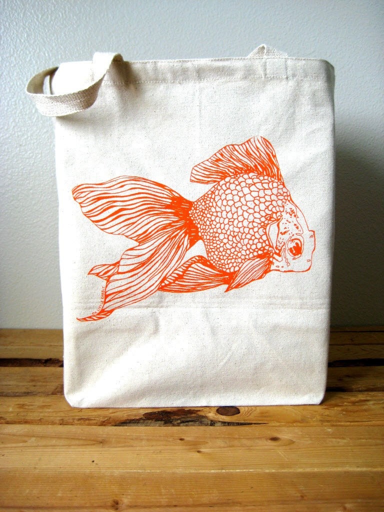 Recycled Cotton Shopper Tote - Grocery Bag - Large Tote Bag - Reusable and Washable Canvas Tote - Goldfish Print - Eco Friendly and Awesome
