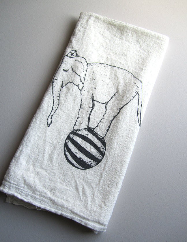 Screen Printed Organic Cotton Flour Sack Tea Towel - Hand Printed Vintage Circus Elephant on a Ball - Unique Soft and Absorbent Dish Towel