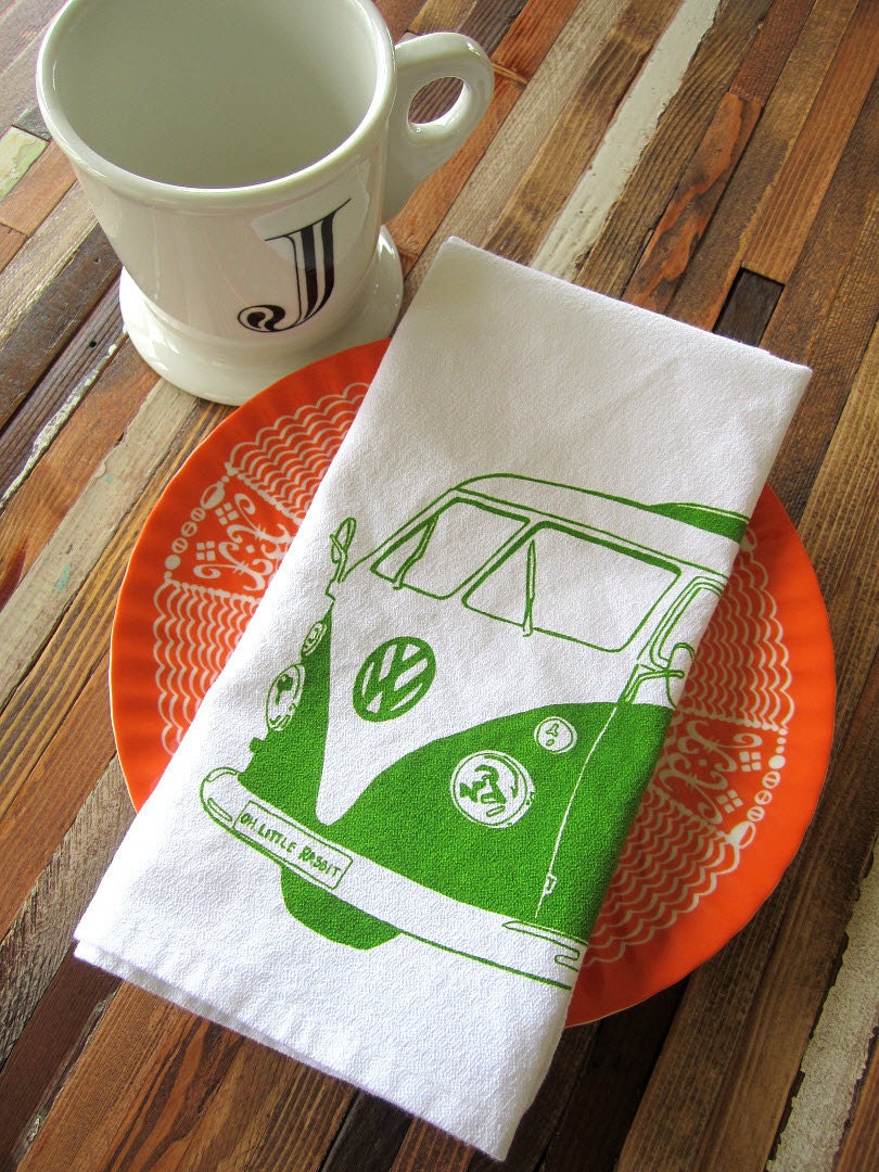 Vintage VW Bus Illustration - Screen Printed Organic Cotton Cloth Napkins - Eco Friendly Dinner Napkins - Reusable and Washable