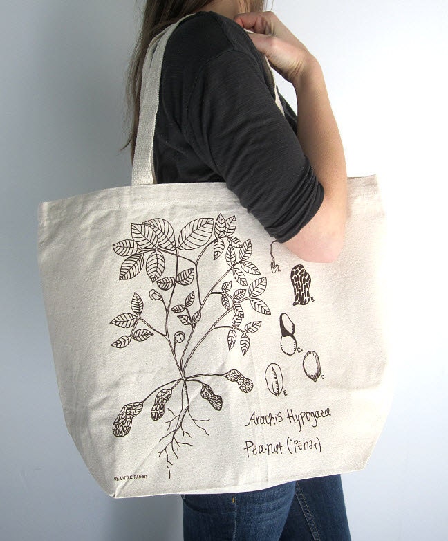 Canvas Tote Bag - Screen Printed Recycled Cotton Grocery Bag - Large Canvas Shopper Tote - Reusable and Washable - Eco Friendly - Botanical