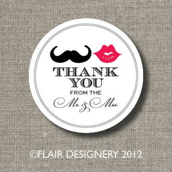 Mustache and Lips THANK YOU Wedding Stickers - Set of 60 labels - You Choose Fonts and Colors from Flair Designery Il_570xn