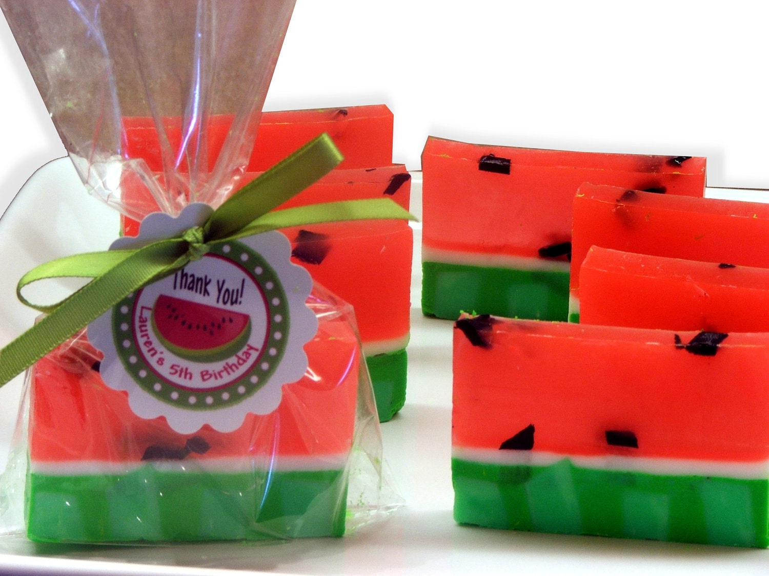 Set of 20 Watermelon Soap Party Favors with customized tags for Summer Birthdays, Showers, Pool Party