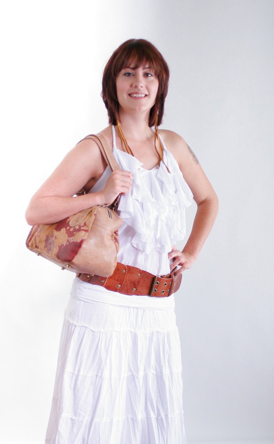 Maggie Satchel nude and burgundy highlights on haired soft leather