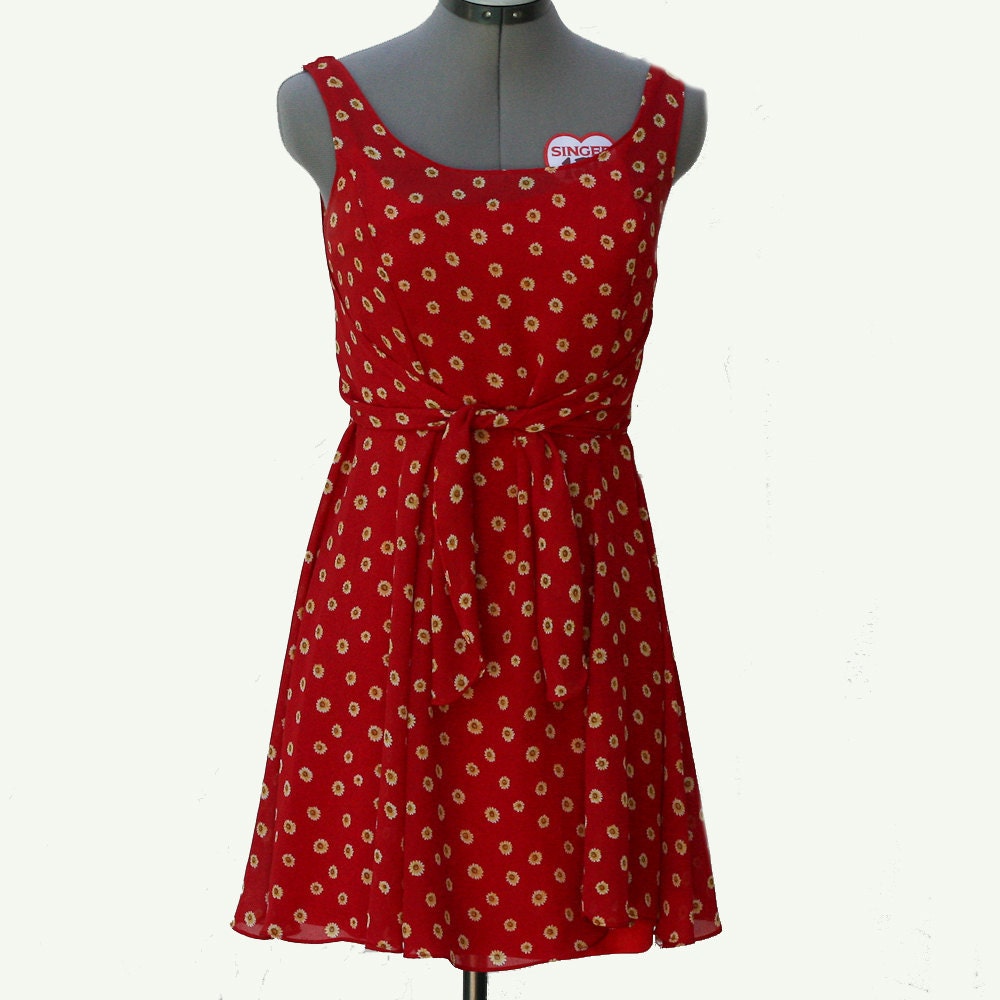 Grunge Dress - Red, Yellow Flowers, Sleeveless, Small