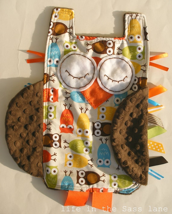 Urban Zoologie Owls Ribbon Tag Baby Blanket and Chocolate Brown Minky Blankie Lovey Lovie Baby Gift