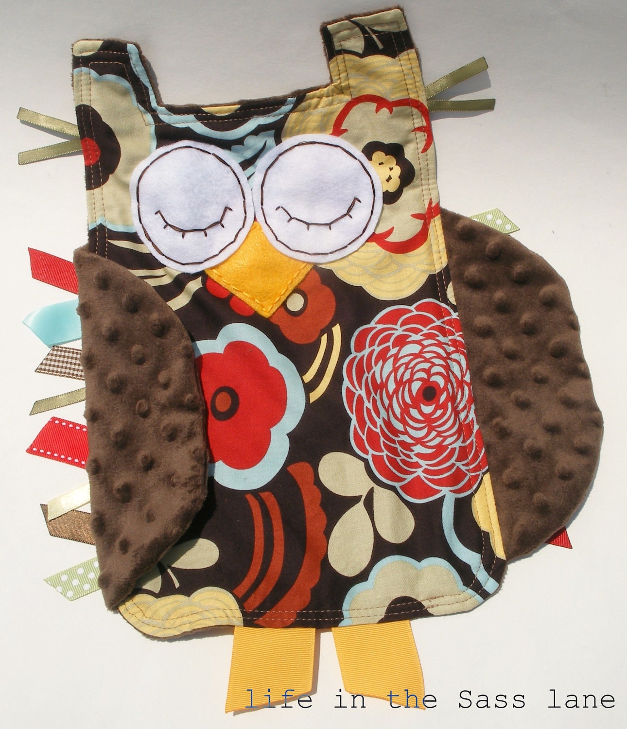 Woodland OWL Ribbon Tag Baby Blanket in Alexander Henry Mocca Print and Chocolate Brown Minky Blankie Lovey Lovie Baby Gift