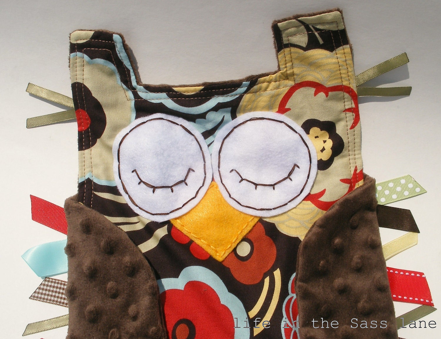 Woodland OWL Ribbon Tag Baby Blanket in Alexander Henry Mocca Print and Chocolate Brown Minky Blankie Lovey Lovie Baby Gift