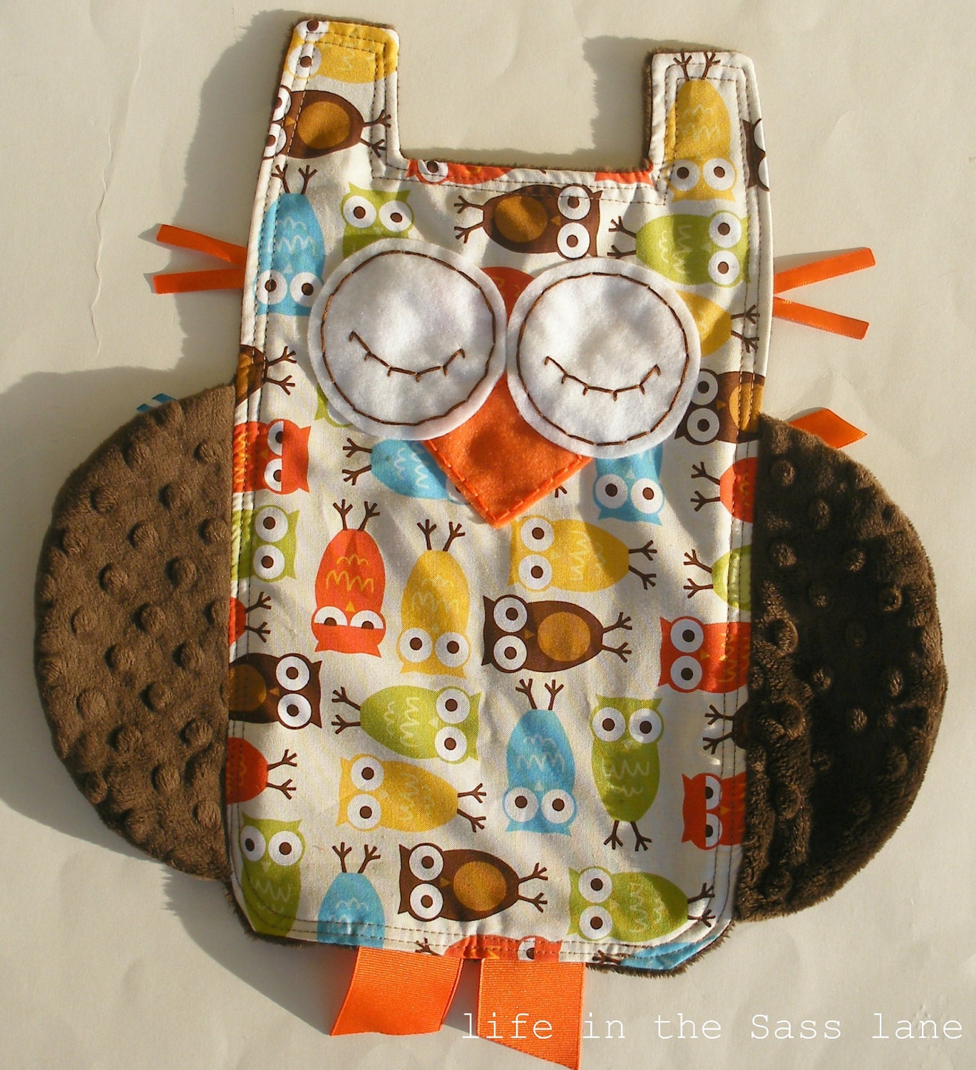 Urban Zoologie Owls Ribbon Tag Baby Blanket and Chocolate Brown Minky Blankie Lovey Lovie Baby Gift