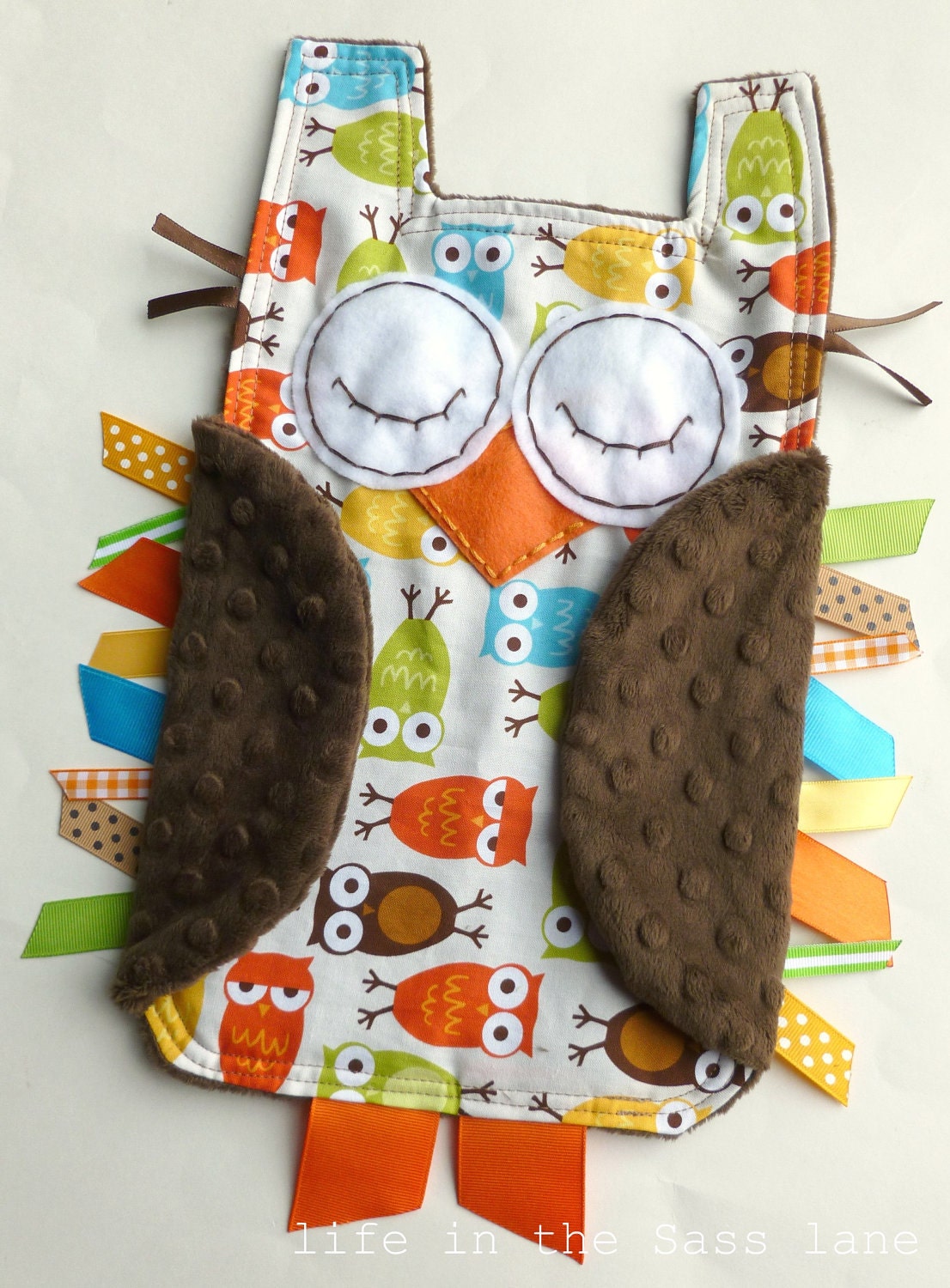 Urban Zoologie Owls Ribbon Tag Baby Blanket and Chocolate Brown Minky Blankie Lovey Lovie Baby Gift