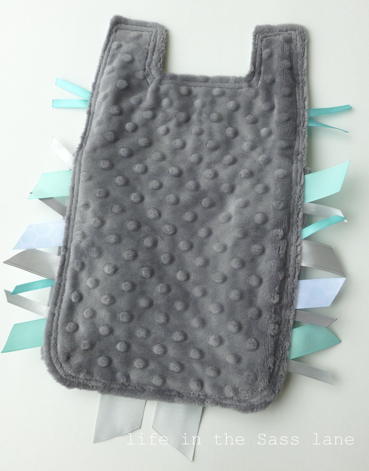 Sea Blue and Gray Disco Dot OWL Ribbon Tag Baby Blankie in Michael Miller Fabric with Gray Minky Blanket Lovey Lovie Baby Gift