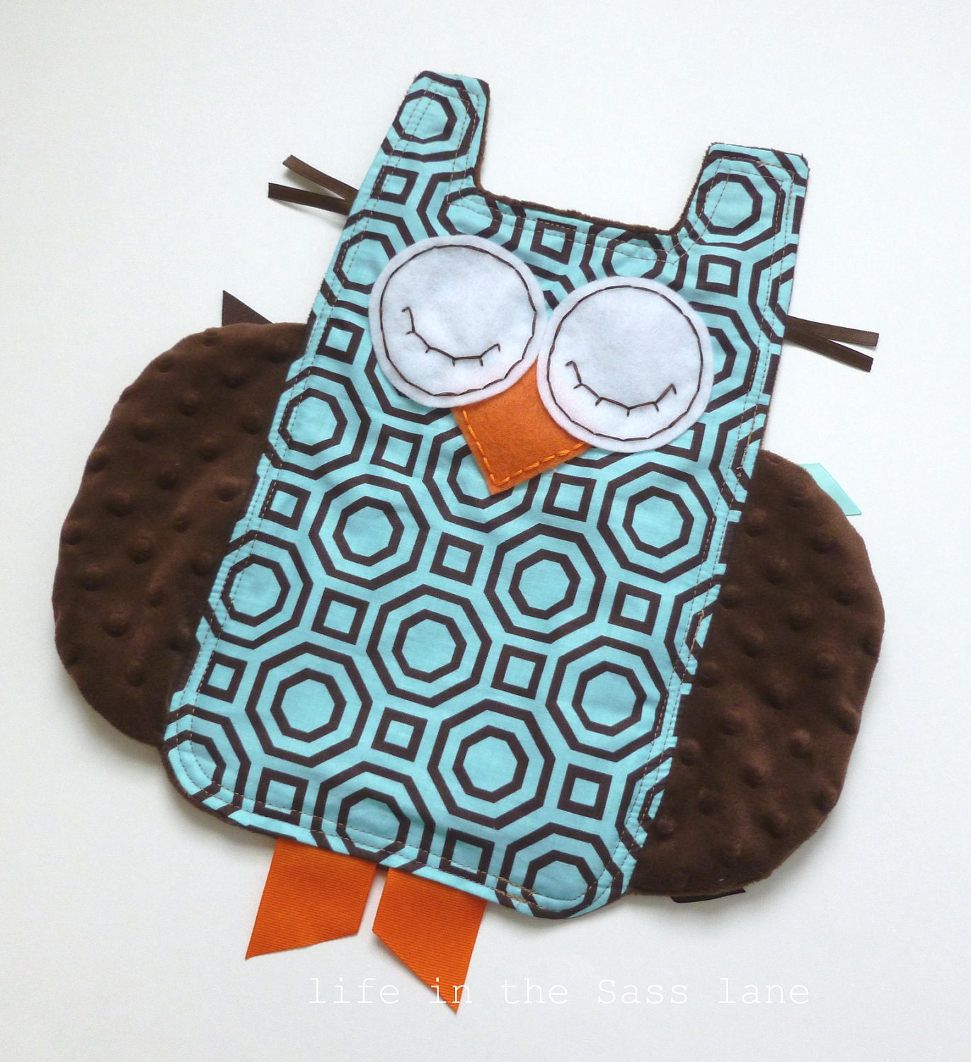 Alexander Henry Hollywood OWL Baby Blanket Blue, Orange and Chocolate Brown Minky Ribbon Tag Blankie Lovey Lovie Baby Gift