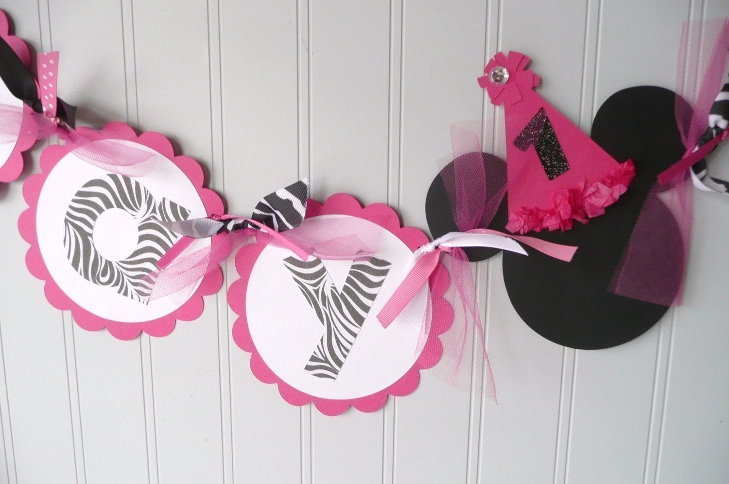 Zebra Minnie Mouse Birthday Banner - DIVA Hot Pink Black Glitter