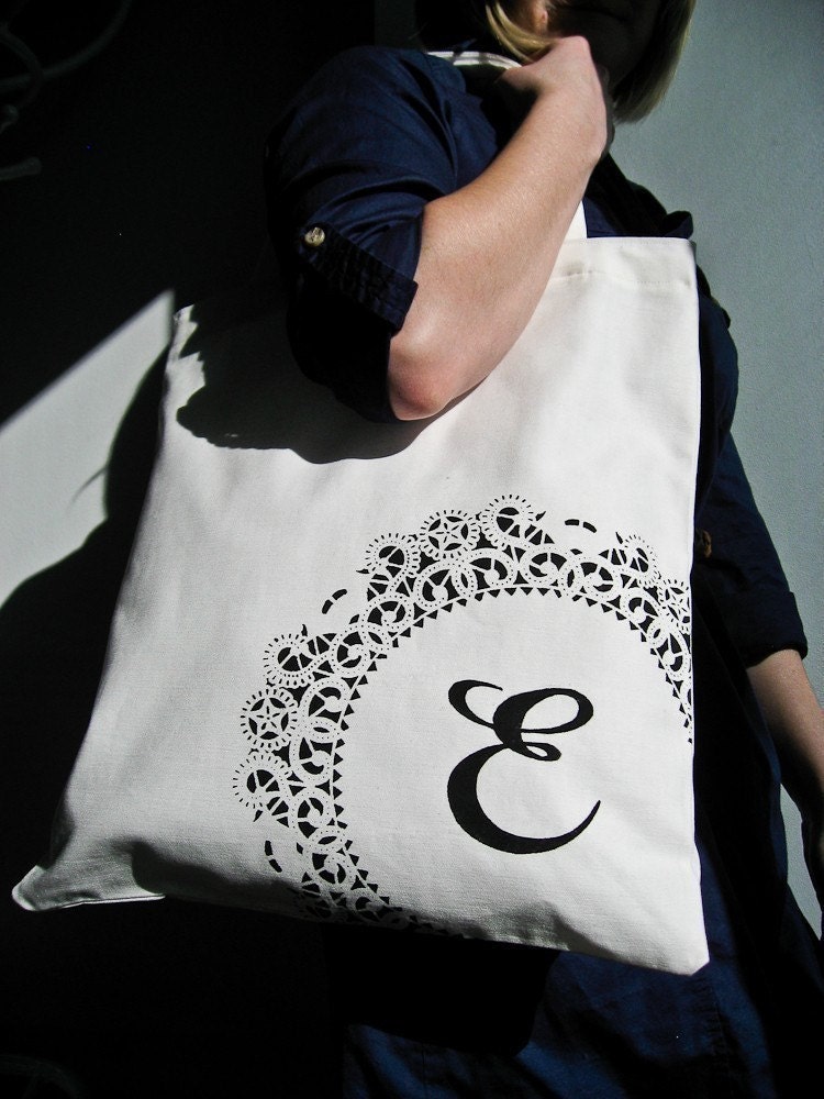 Custom Monogrammed Tote with Doily Design / White and Black