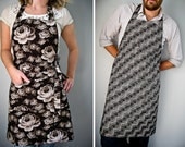 Reversible His Hers Apron / black and dark brown floral and plaid