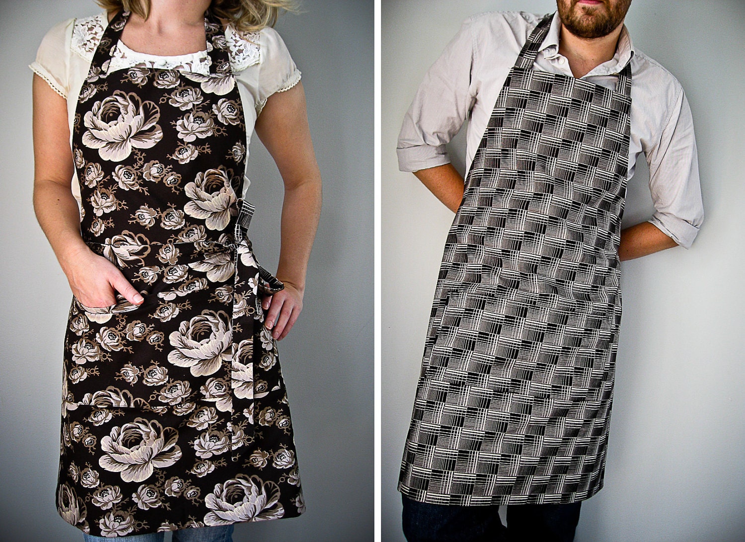 Reversible His Hers Apron / black and dark brown floral and plaid
