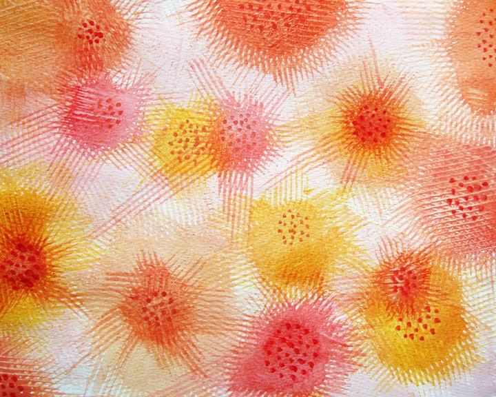 Orange floral painting 8 x 10 in print abstract stripes polka dots circles lines yellow red pink boho modern fine art giclee home decor - FischerFineArts