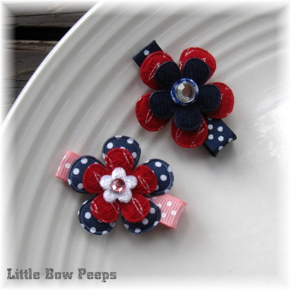 Tutu Chic 4th of July July 4th Sparkle Flower Hair bow Hair Clip Set with Latex-Free No Slip Grips Red White & Blue