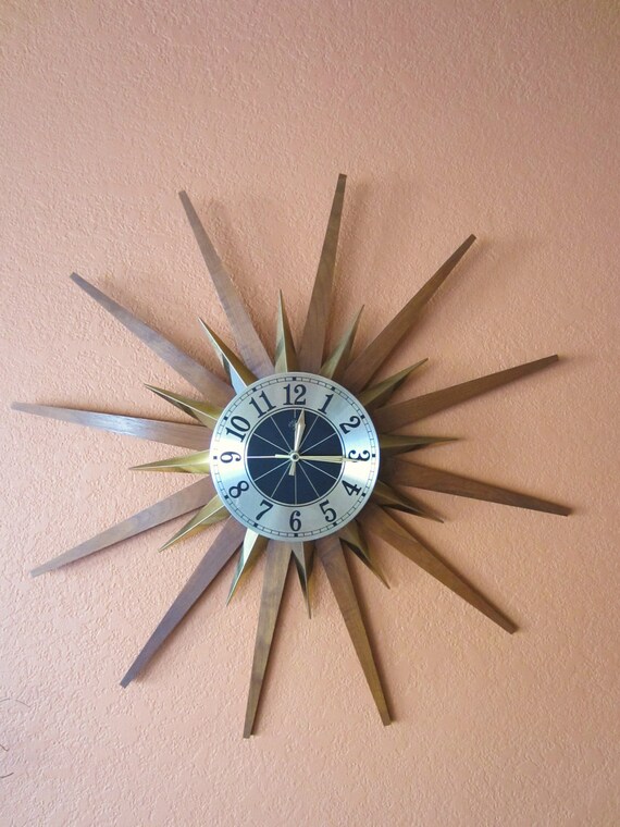 Vintage Elgin Starburst Clock Teak Wood Gold by AmeliaRoseVintage