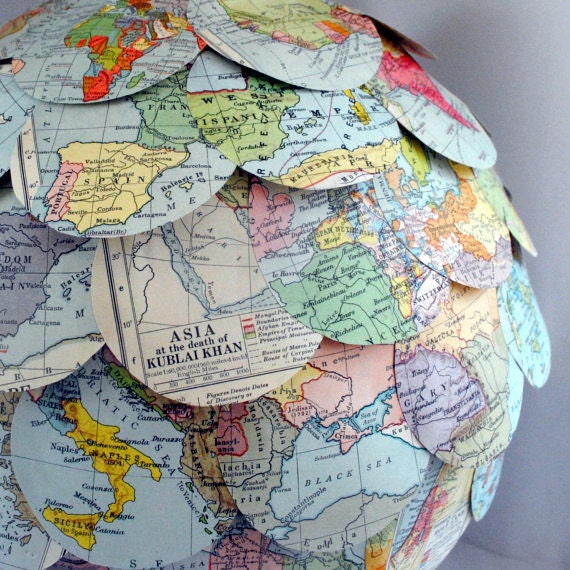 Adventurer's Lamp Shade Vintage Map Paper Lantern Hanging Pendant Light Eco Home Made to Order