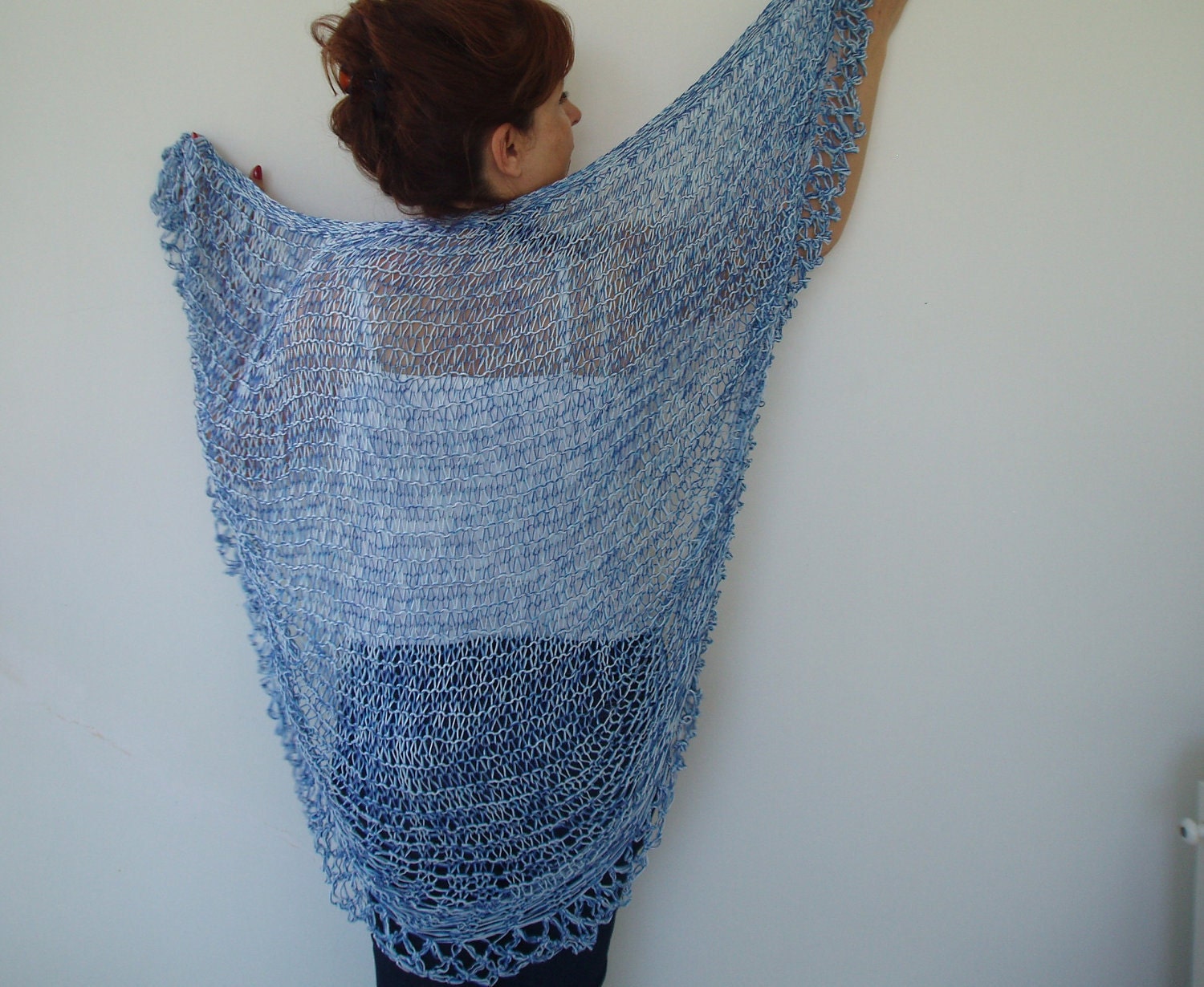 Blue knits  knitting Triangle  Shawl sustainable fashion - designbySEMY
