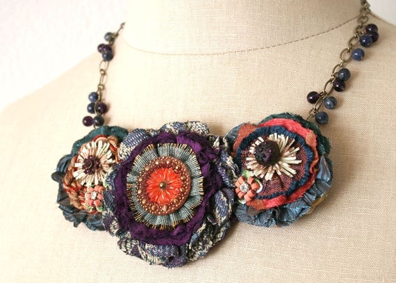 Colorful Fabric Flower Necklace, Teal Blue, Red, Violet Purple, Gold