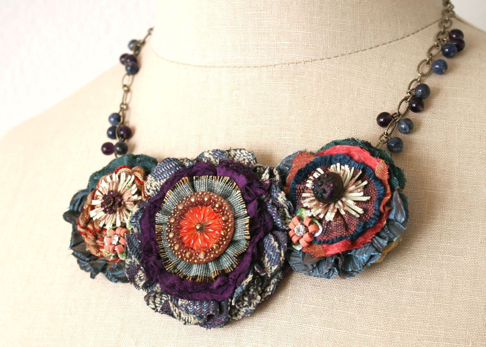 Colorful Fabric Flower Necklace, Teal Blue, Red, Violet Purple, Gold