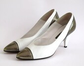 1980s high heel Italian leather spectator court shoes in white leather with silver pewter contrast  US 9.5 UK 7, EU 40.5