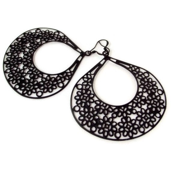 Black Filigree Flower Power Hoop Earrings