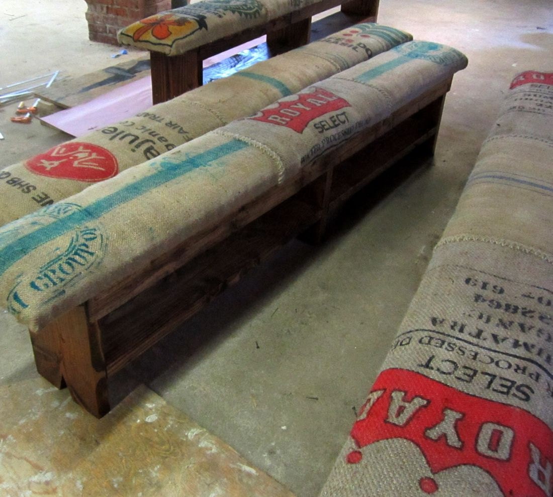 Reclaimed wood and recycled coffee sack monster benches