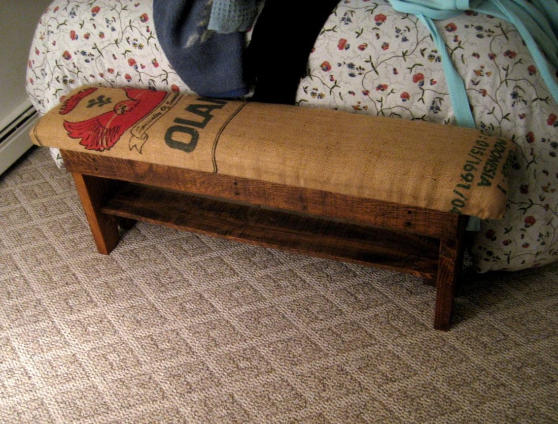 Reclaimed wood and recycled coffee sack bench