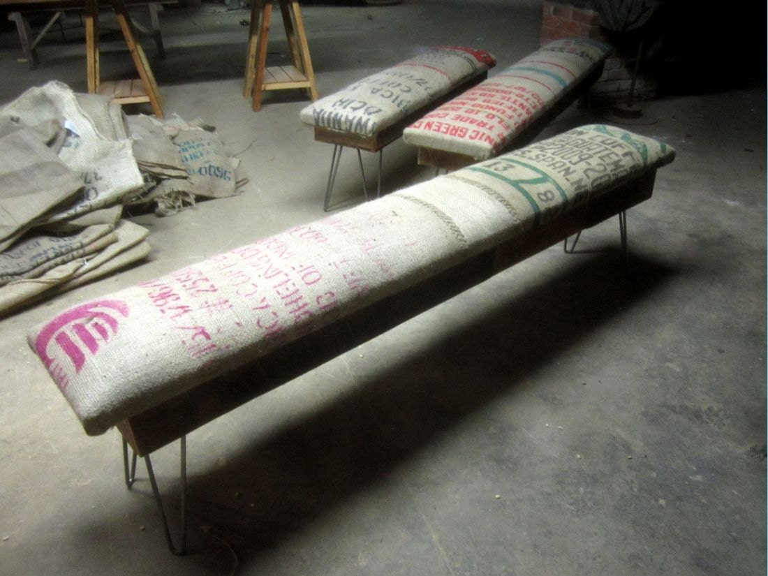 Salvaged wood and recycled steel coffee sack monster benches
