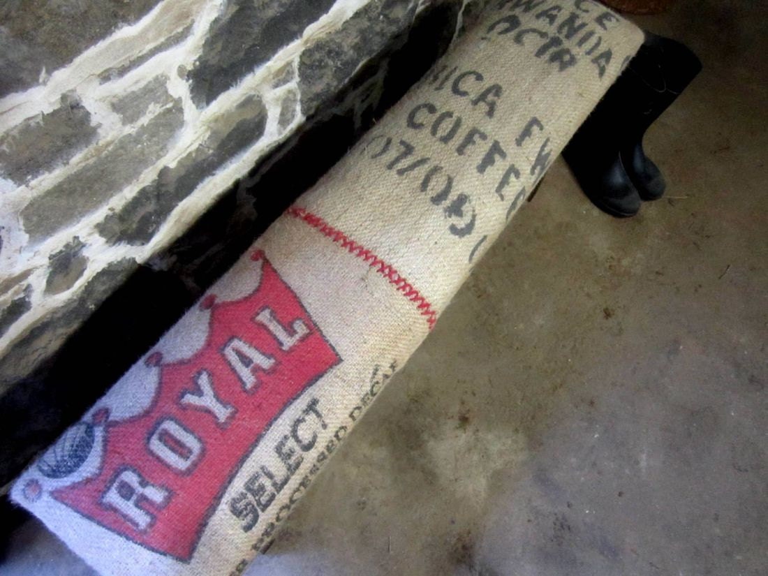 Reclaimed wood and recycled coffee sack bench