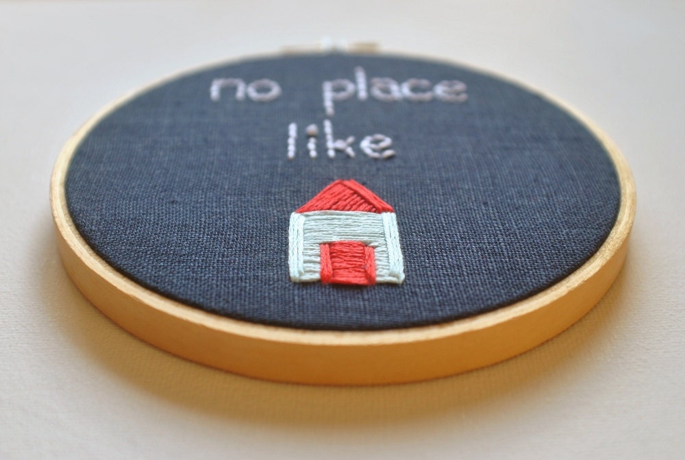 No Place Like Home - Handmade Embroidery Hoop Wall Art - Navy Linen with Pastel Blue and Coral House