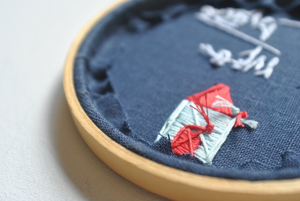 No Place Like Home - Handmade Embroidery Hoop Wall Art - Navy Linen with Pastel Blue and Coral House