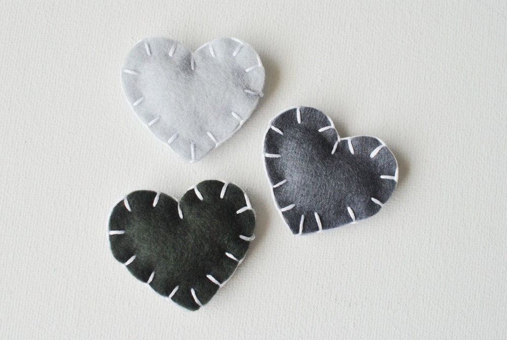 Wool Felt Heart Magnets in "Charcoal" - Set of 3 - Love Grey Gradient - Wedding Favors