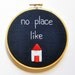 No Place Like Home - Handmade Embroidery Hoop Wall Art - Navy Linen with Pastel Blue and Coral House