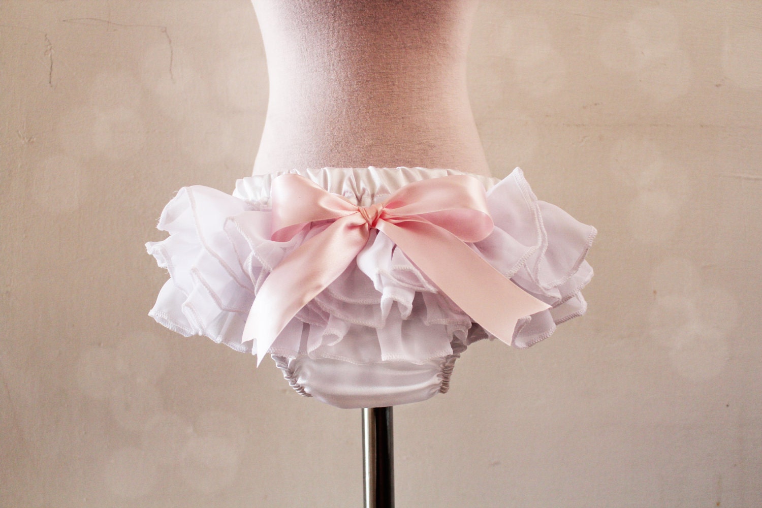White ruffled baby bloomers diaper covers in vintage glamour style - photo prop, wedding, party