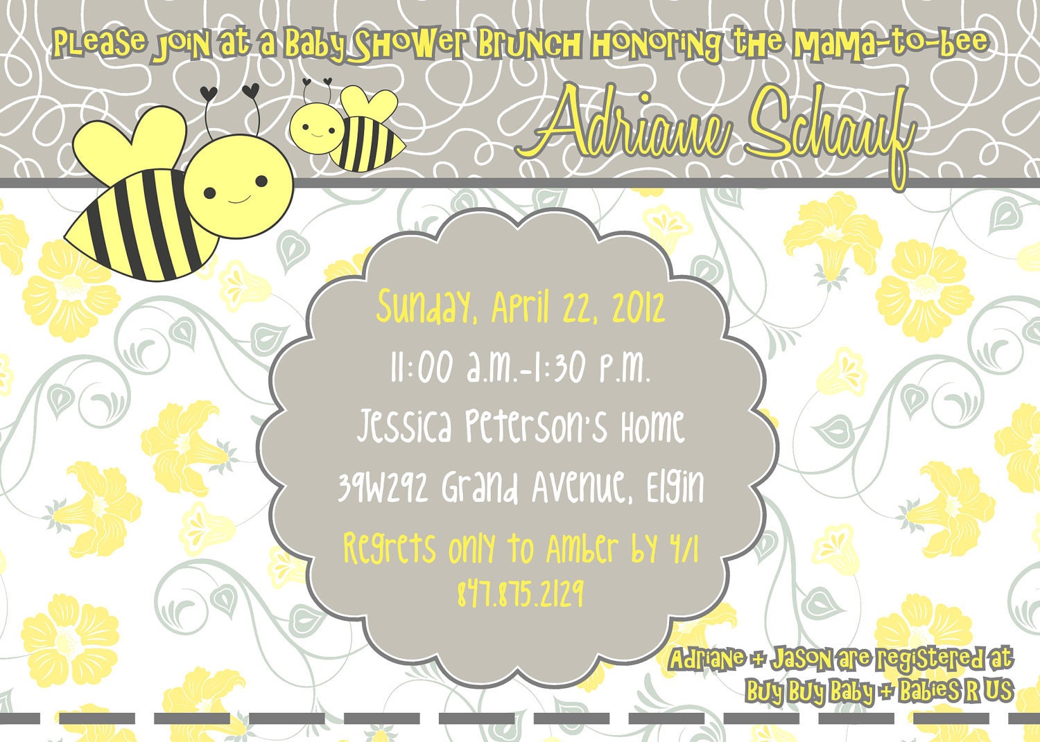 Mama to Be Bumble Bee Baby Shower Invitation - Yellow & Gray - Digital File Il_570xn