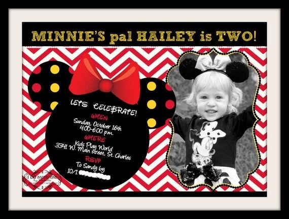Minnie Mouse Inspired Birthday Invitation - Modern Red, Black and White - Digital File Il_570xn