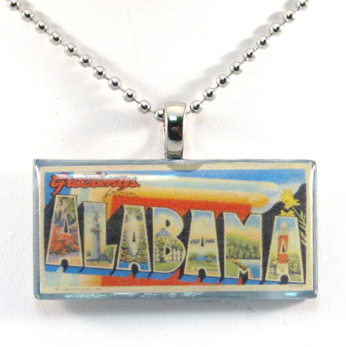 Vintage Large Letter Postcard Pendant Necklace - Greetings from Alabama
