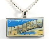 Vintage Large Letter Postcard Pendant Necklace - Greetings from Indiana