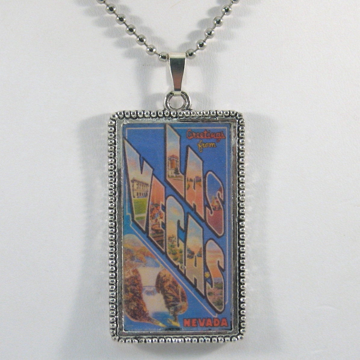 Vintage Large Letter Postcard Pendant Necklace - Greetings from Las Vegas, Nevada